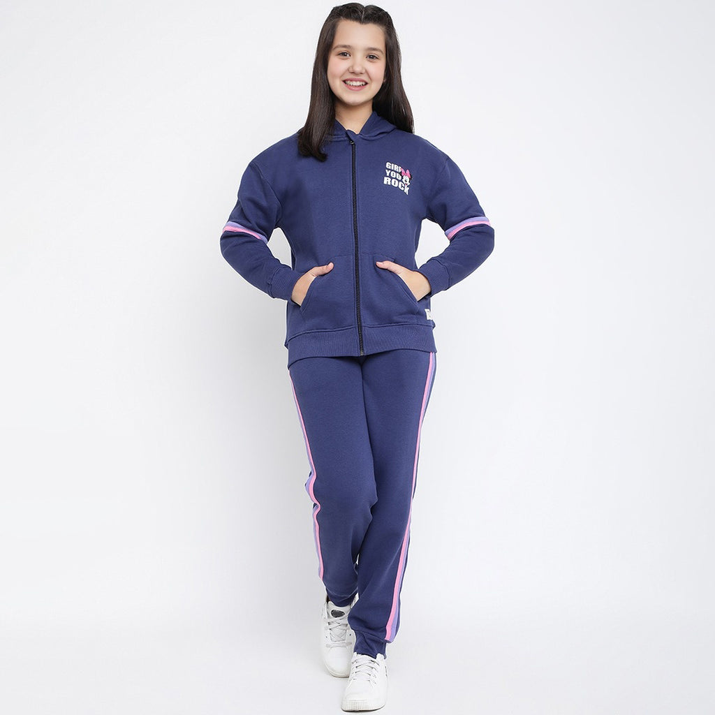 Girls Navy Blue Hooded Jacket with Trouser Track Suit Set Sets Navy 7-8 Y