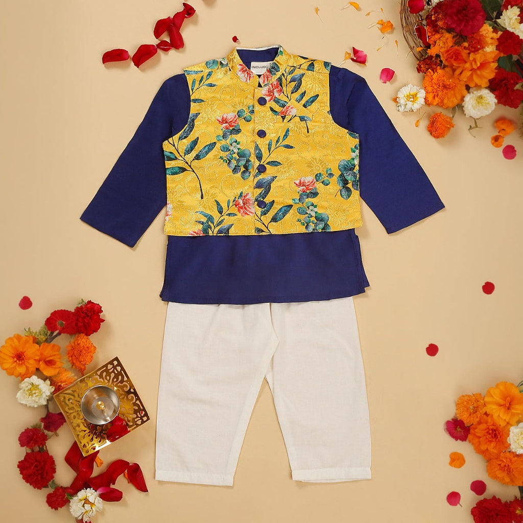 Boys Navy Kurta Pajama With Sleeveless Jacket Set Sets Navy 6-12 M