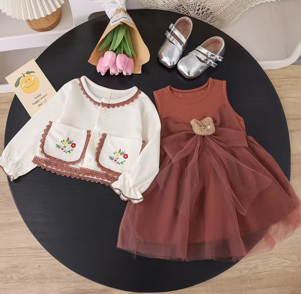 Girls Brown Sleeveless Tutu Dress with Embroidered Shrug Casual Dresses Brown 1-2 Y 