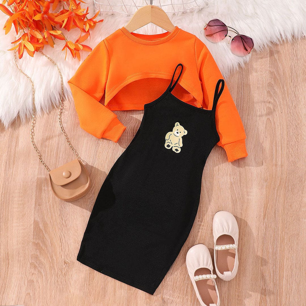 Girls Orange Long Sleeve Top With Bodycon Dress Casual Dresses Orange 4-5 Y 