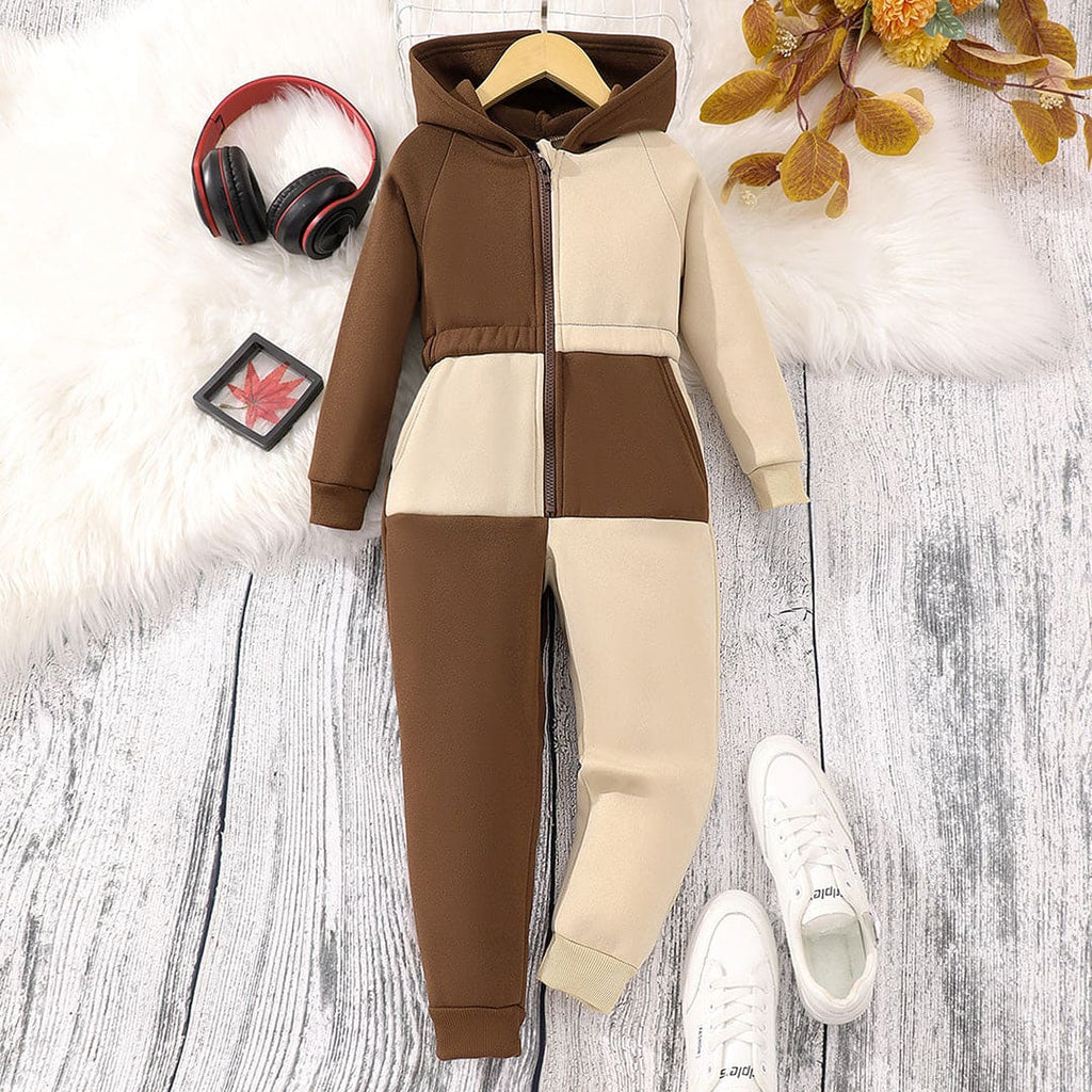 Girls Brown Long Sleeve Hooded Color-Blocked Jumpsuit Sets Brown 3-4 Y 