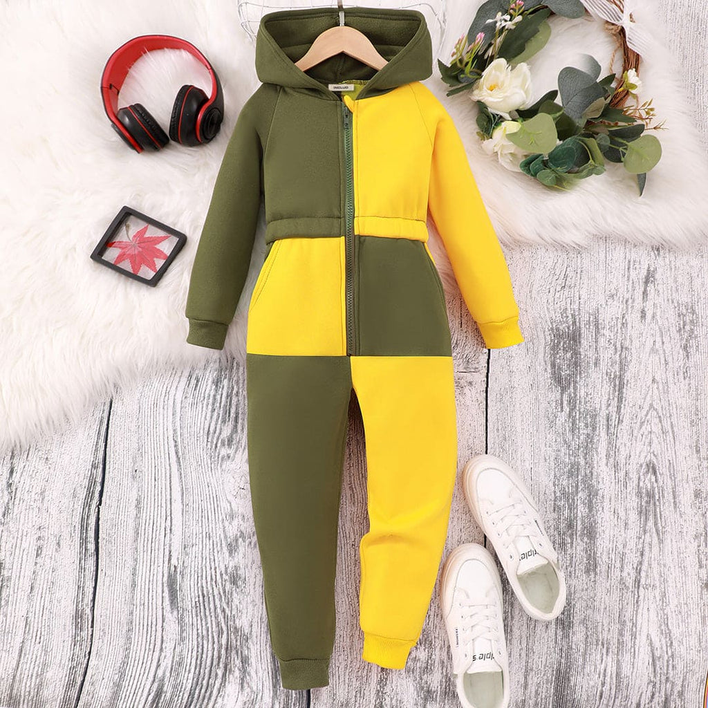 Girls Yellow Long Sleeve Hooded Color-Blocked Jumpsuit Sets Yellow 3-4 Y 