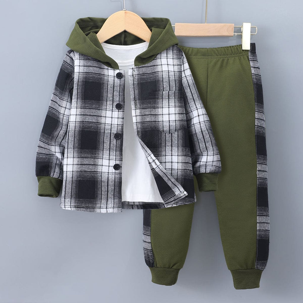 Boys Olive Green-Black Flannel Shacket with Trackpants Set Sets Green 3-4 Y 