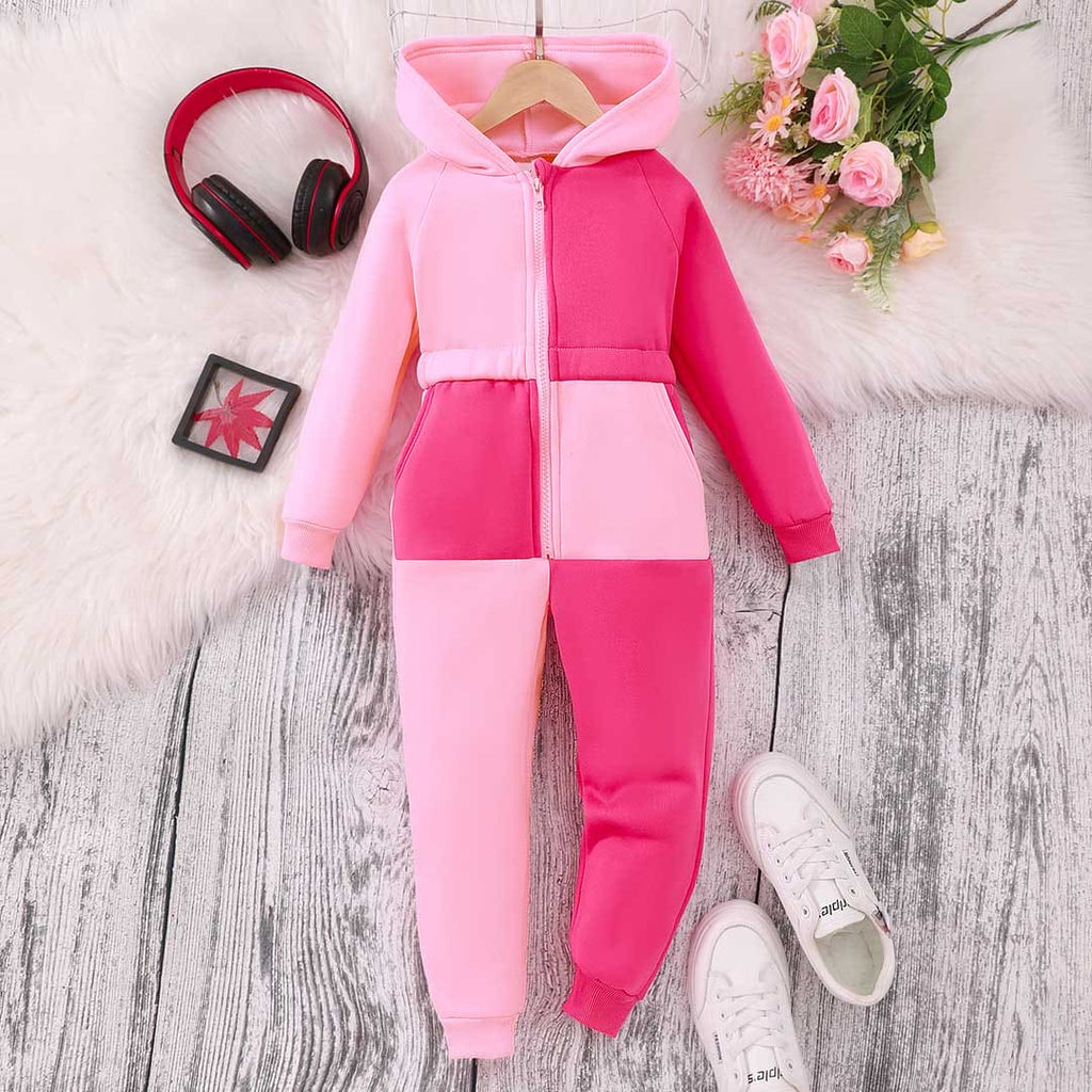 Girls Pink Long Sleeve Hooded Color-Blocked Jumpsuit Sets Pink 3-4 Y 