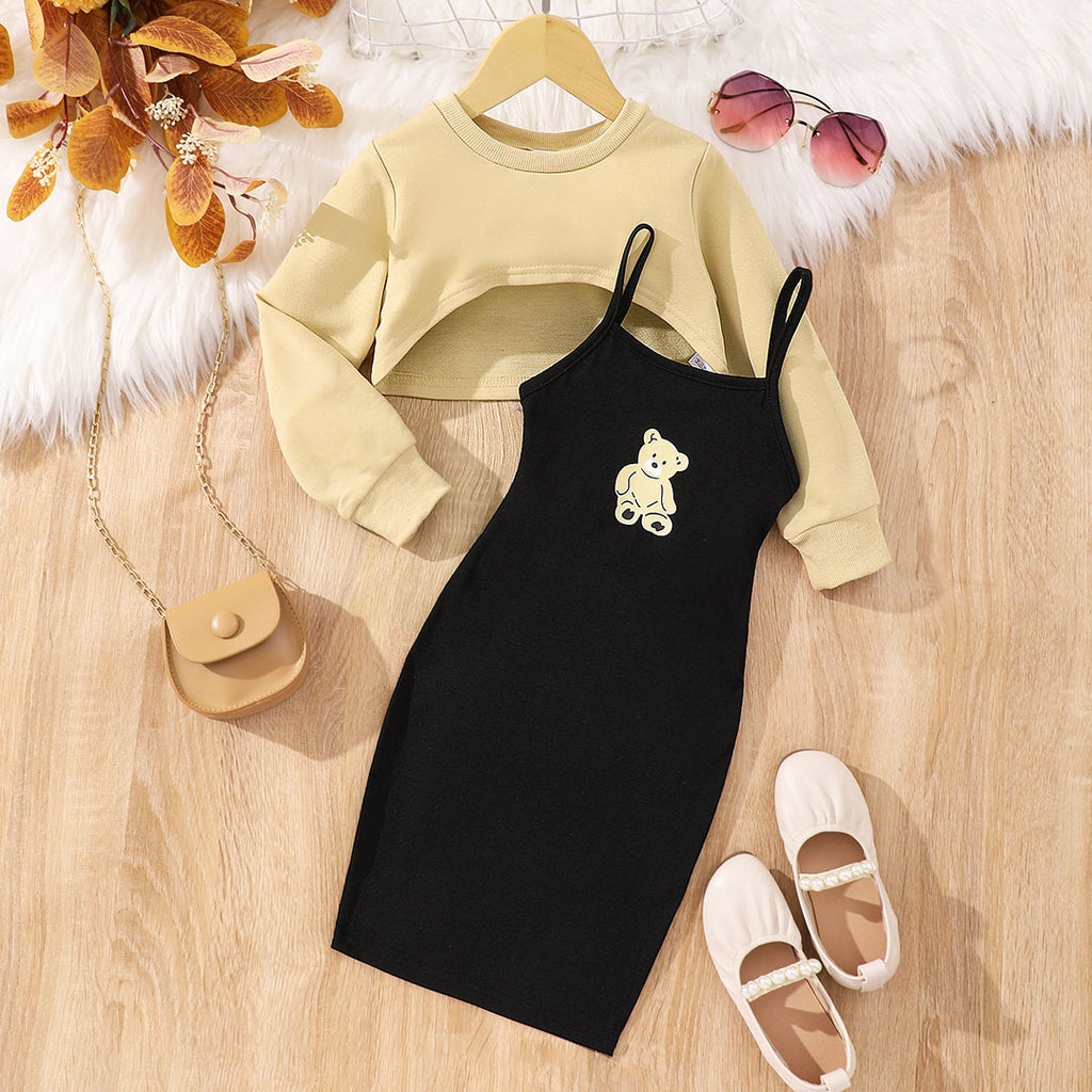 Girls Khaki Long Sleeve Top With Bodycon Dress