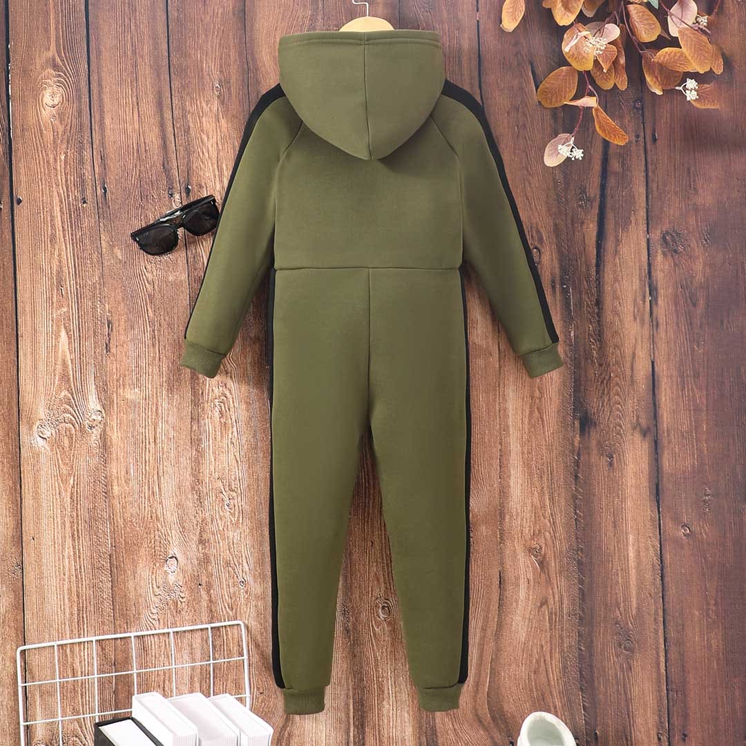 Girls Olive Long Sleeve Hooded Jumpsuit Sets   
