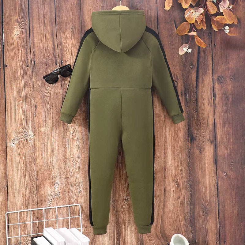 Girls Olive Long Sleeve Hooded Jumpsuit Sets   