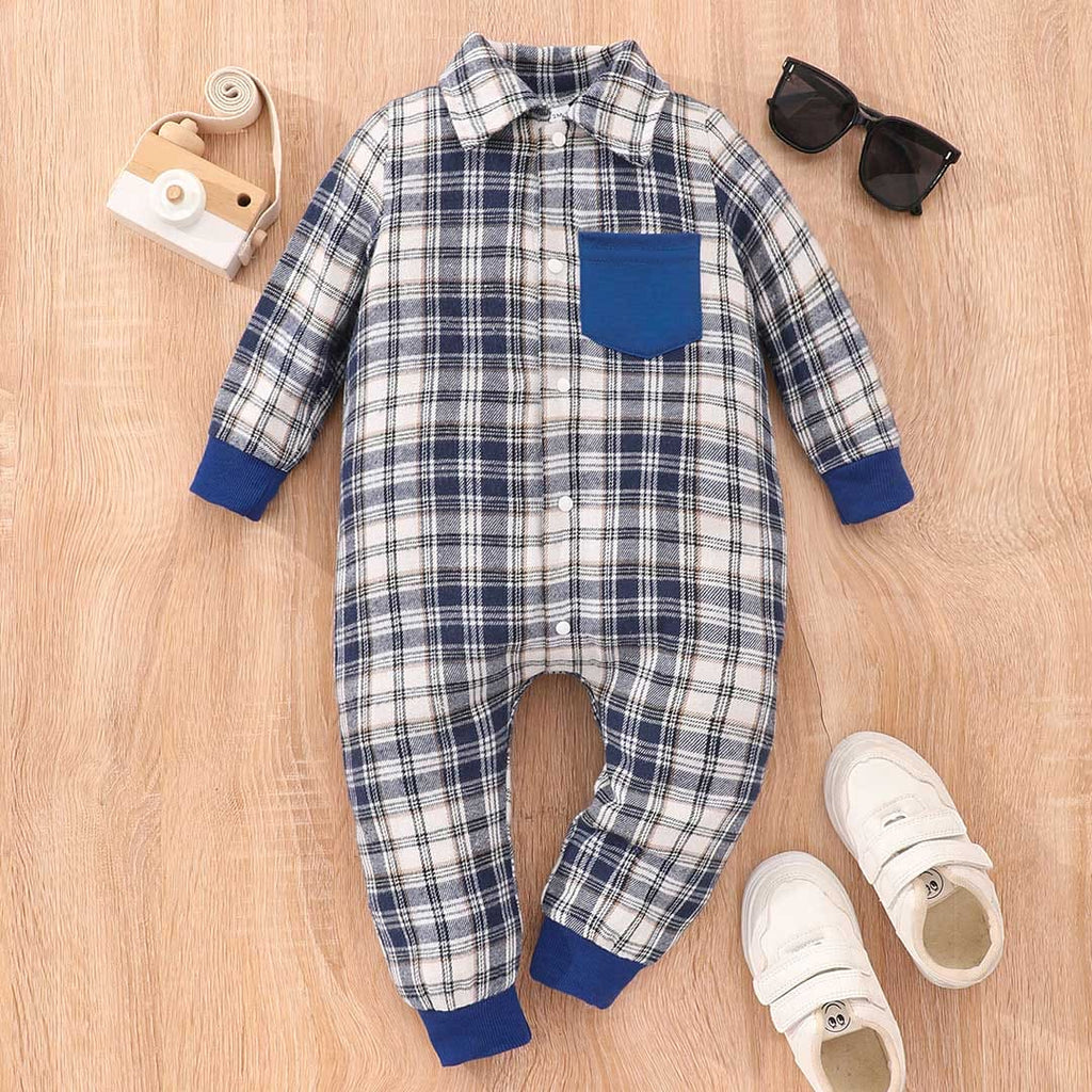 Boys Blue Shirt Collar Checked Romper Sets Blue 0-3 M 