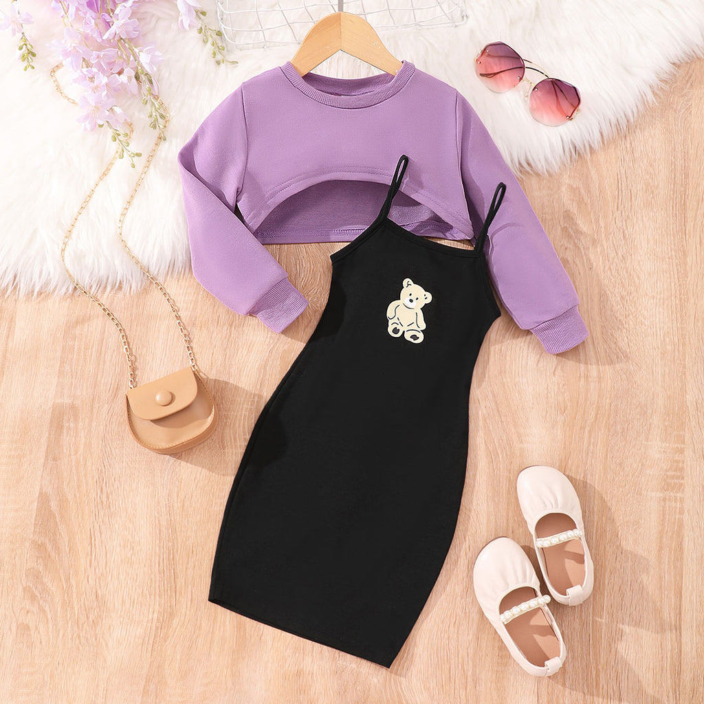 Girls Purple Long Sleeve Top With Bodycon Dress