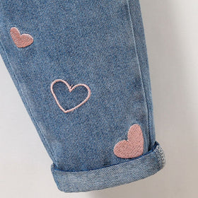 Girls Blue Heart Embroidery Elasticated Denim Pants Pants