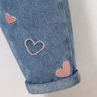 Girls Blue Heart Embroidery Elasticated Denim Pants Pants