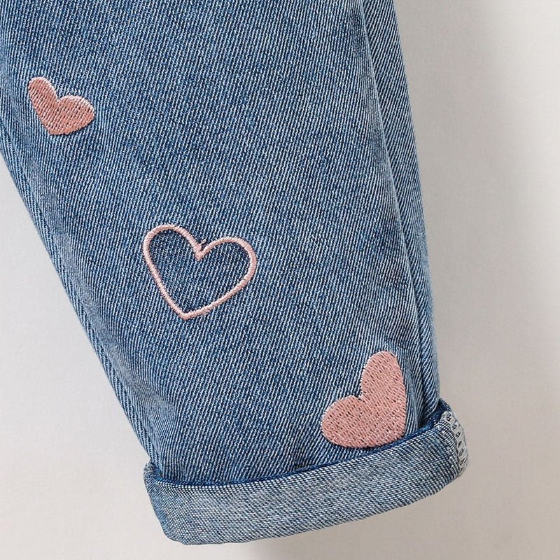 Girls Blue Heart Embroidery Elasticated Denim Pants Pants