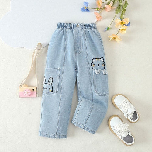 Girls Blue Cartoon Embroidery Elasticated Denim Pants Pants Blue 4-5 Y