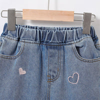 Girls Blue Heart Embroidery Elasticated Denim Pants Pants