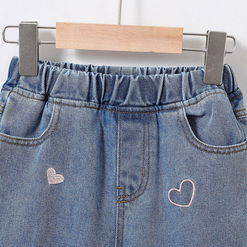 Girls Blue Heart Embroidery Elasticated Denim Pants Pants