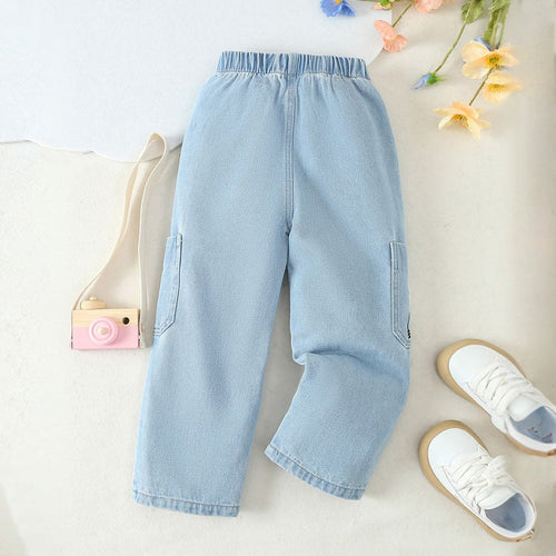Girls Blue Cartoon Embroidery Elasticated Denim Pants Pants