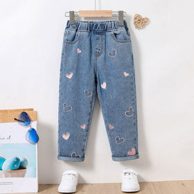 Girls Blue Heart Embroidery Elasticated Denim Pants Pants Blue 4-5 Y