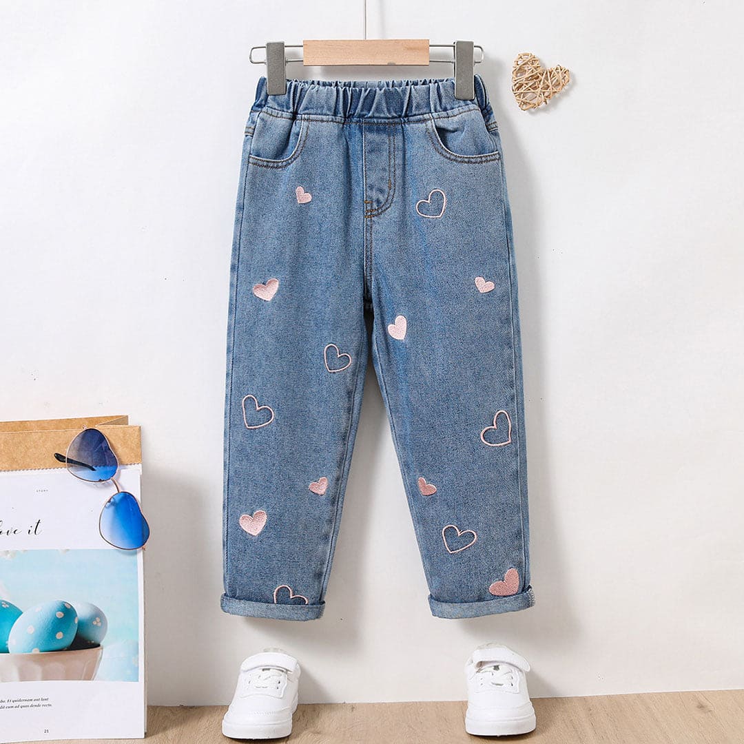 Girls Blue Heart Embroidery Elasticated Denim Pants Pants Blue 4-5 Y