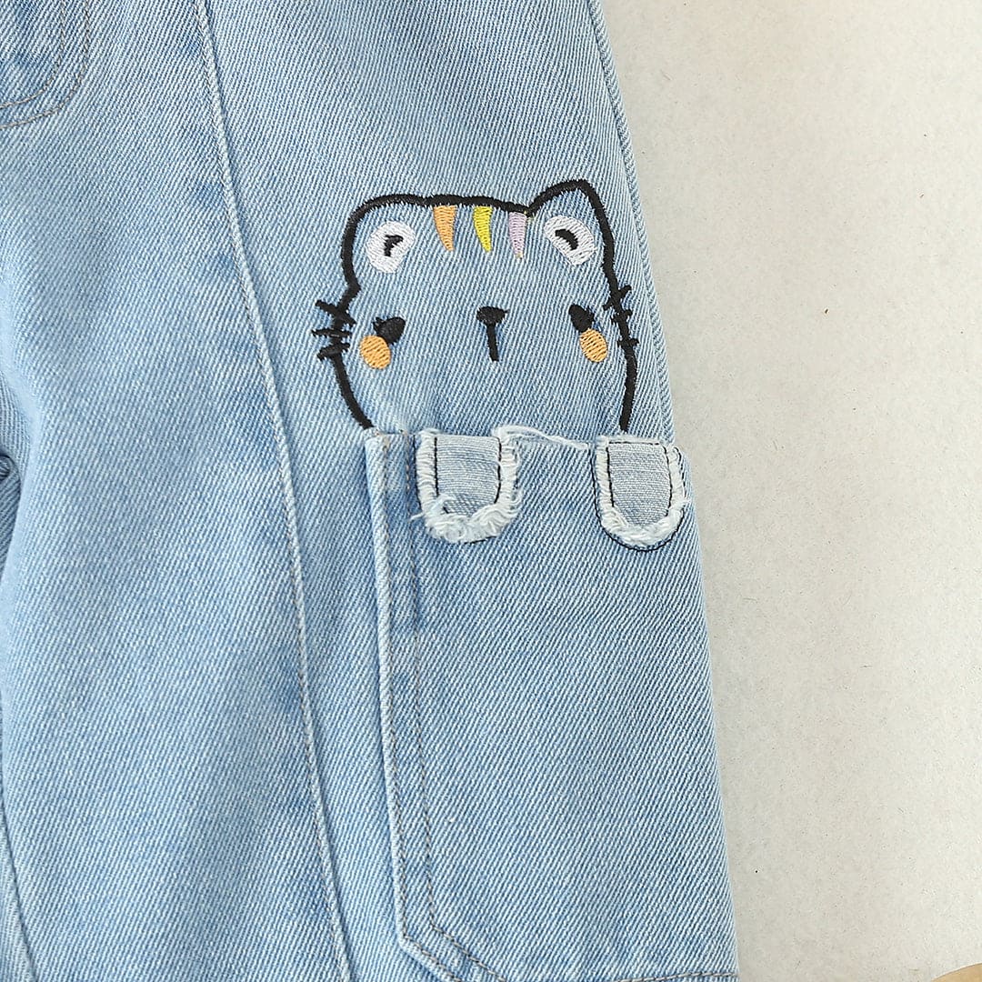 Girls Blue Cartoon Embroidery Elasticated Denim Pants Pants