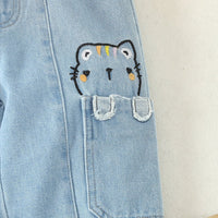 Girls Blue Cartoon Embroidery Elasticated Denim Pants Pants