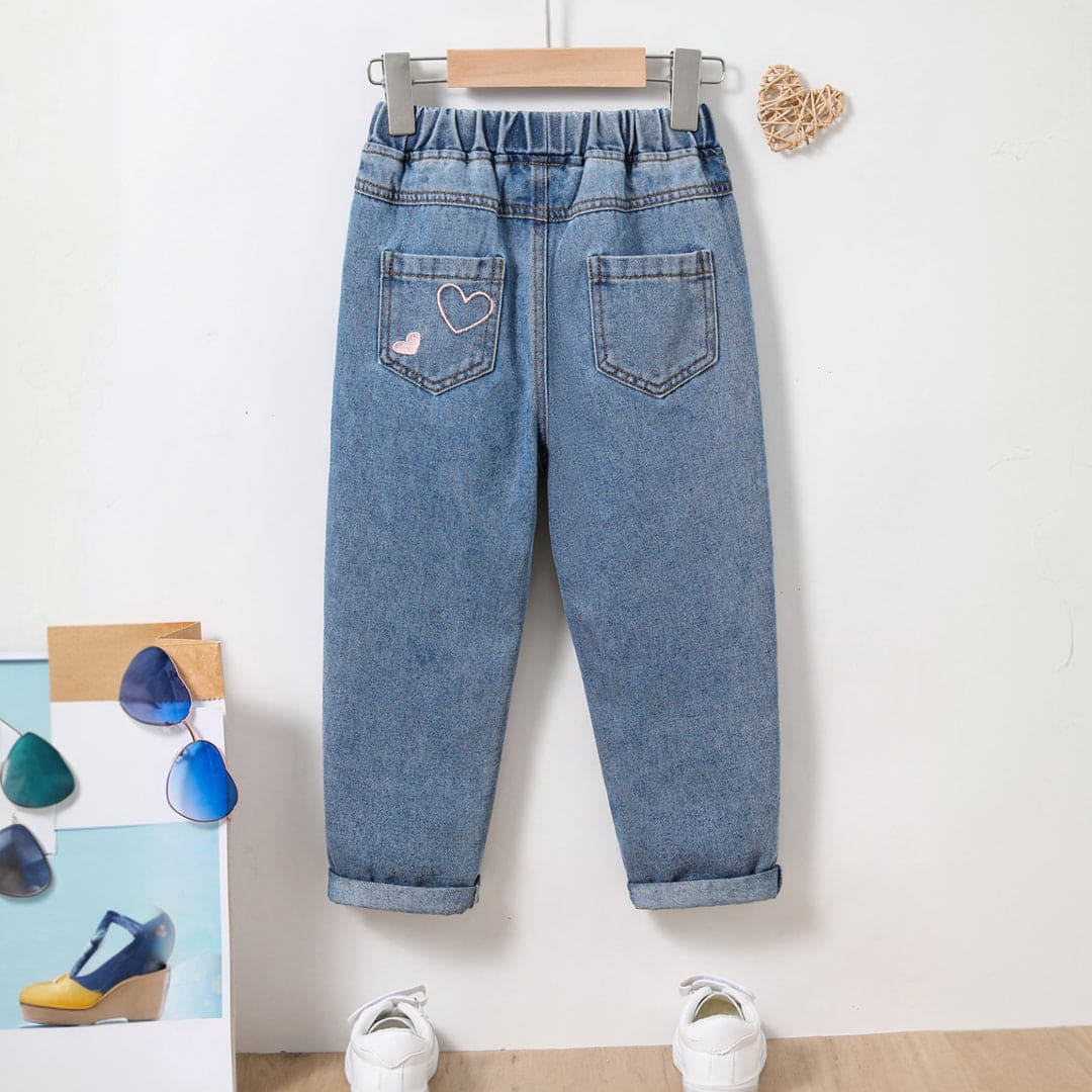 Girls Blue Heart Embroidery Elasticated Denim Pants Pants