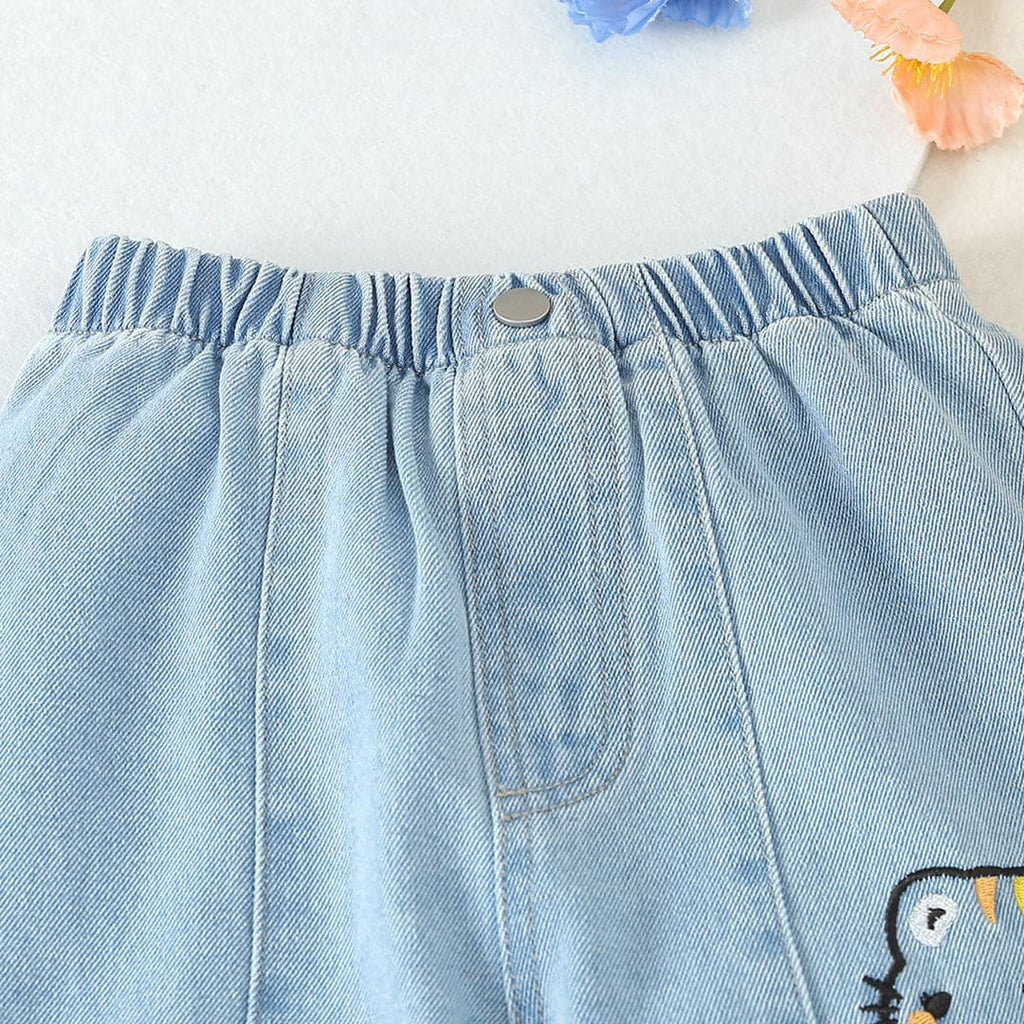 Girls Blue Cartoon Embroidery Elasticated Denim Pants Pants
