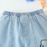 Girls Blue Cartoon Embroidery Elasticated Denim Pants Pants