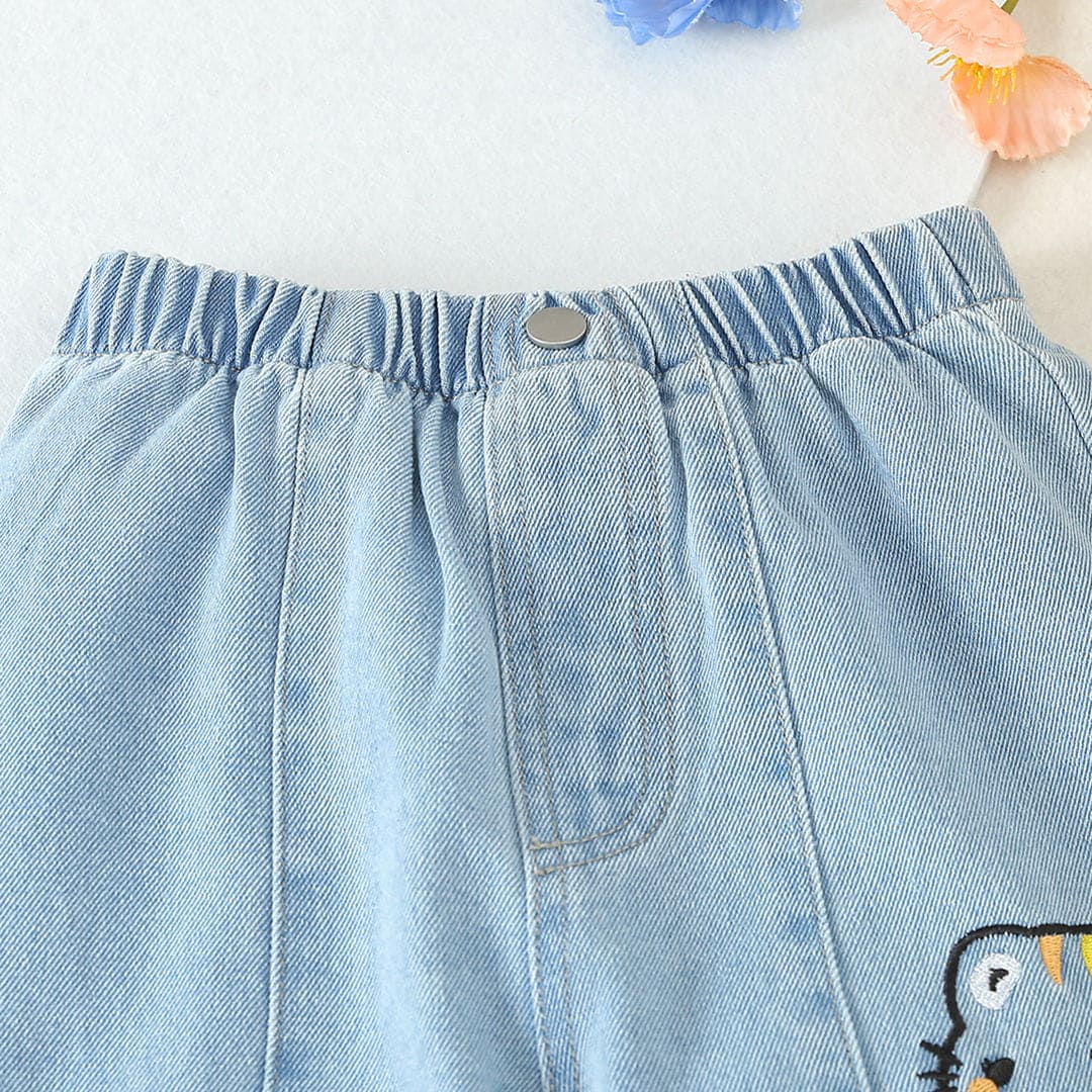 Girls Blue Cartoon Embroidery Elasticated Denim Pants Pants