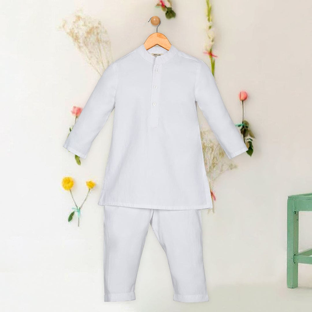 Boys White Full Sleeves Kurta with Pajama Ethnic Wear Set Sets White 1-2 Y