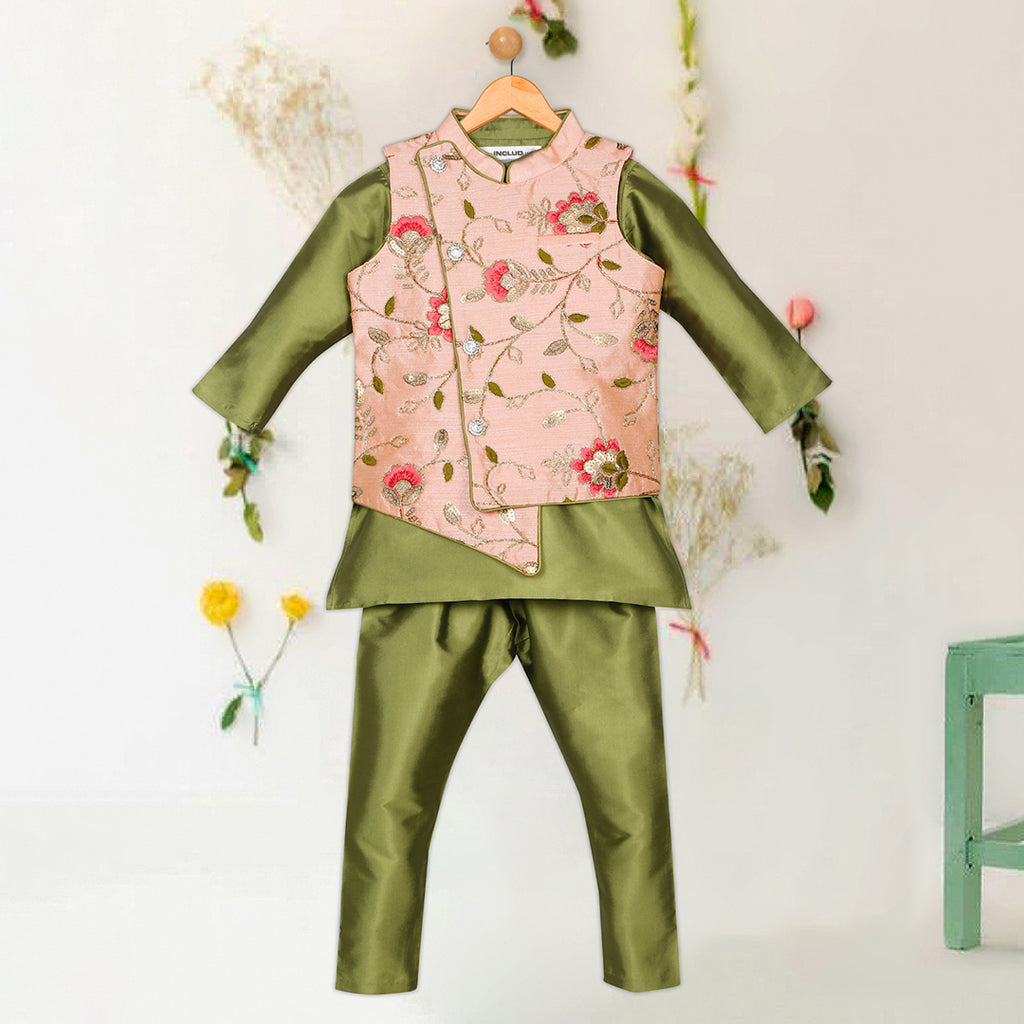 Boys Green Kurta with Pajama & Asymmetric Embroidered Jacket Set Sets Green 1-2 Y