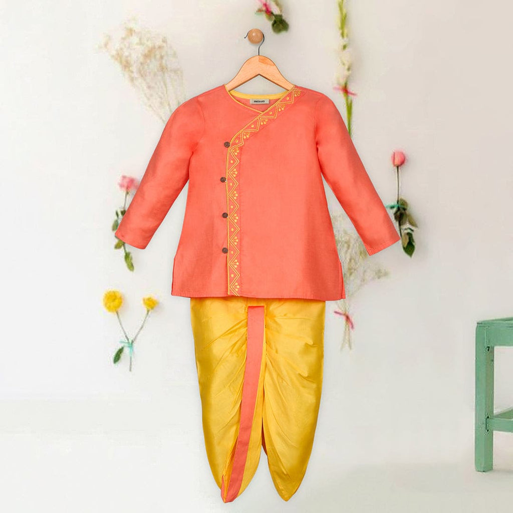 Boys Orange Embroidered Kurta with Dhoti Salwar Ethnic Wear Set Sets Orange 1-2 Y