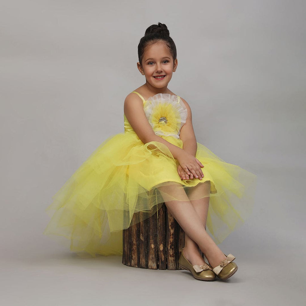 Girls Yellow Flower Applique High-Low Tulle Party Dress Party Dresses Yellow 1-2 Y