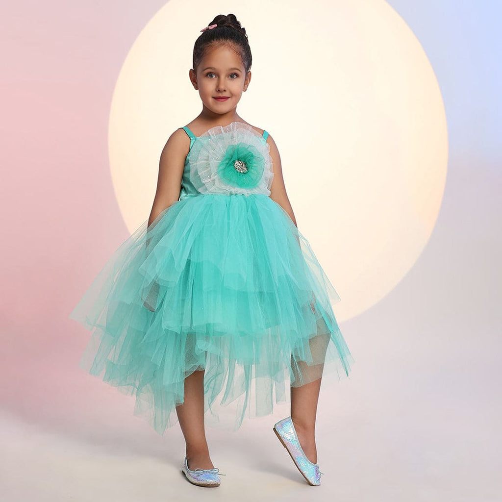 Girls Green Flower Applique High-Low Tulle Party Dress Party Dresses Green 1-2 Y