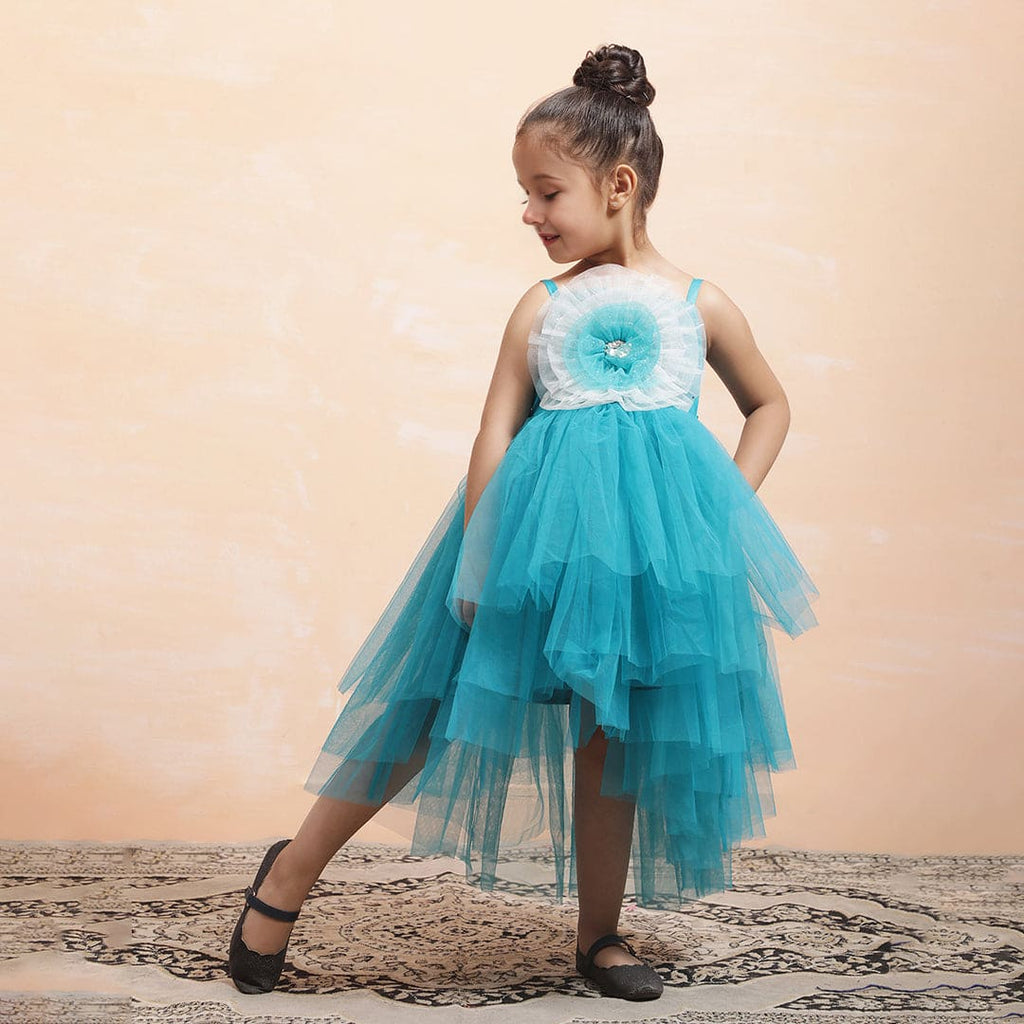 Girls Sky Blue Flower Applique Tulle Party Dress Party Dresses Sky Blue 1-2 Y