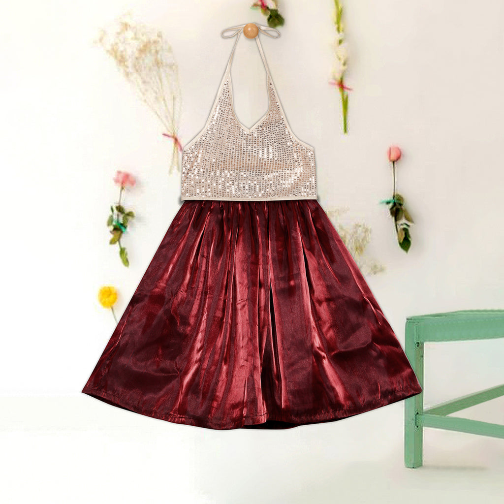 Girls Maroon Sequins Embellished Lehenga with Choli Ethnic Wear Set Sets Maroon 6-12 M