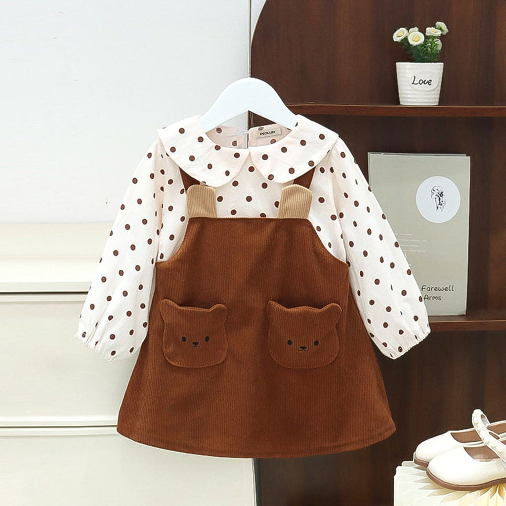 Girls Brown Polka Dot Print Full Sleeves Pinafore Dress Casual Dresses Brown 1-2 Y 