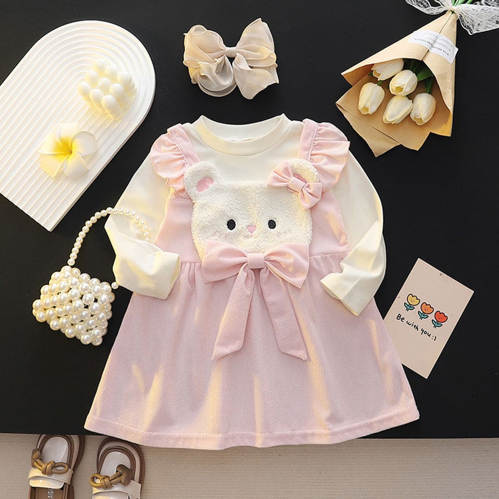 Girls Pink Fit & Flare Dress with Statement Bow Casual Dresses Pink 1-2 Y 