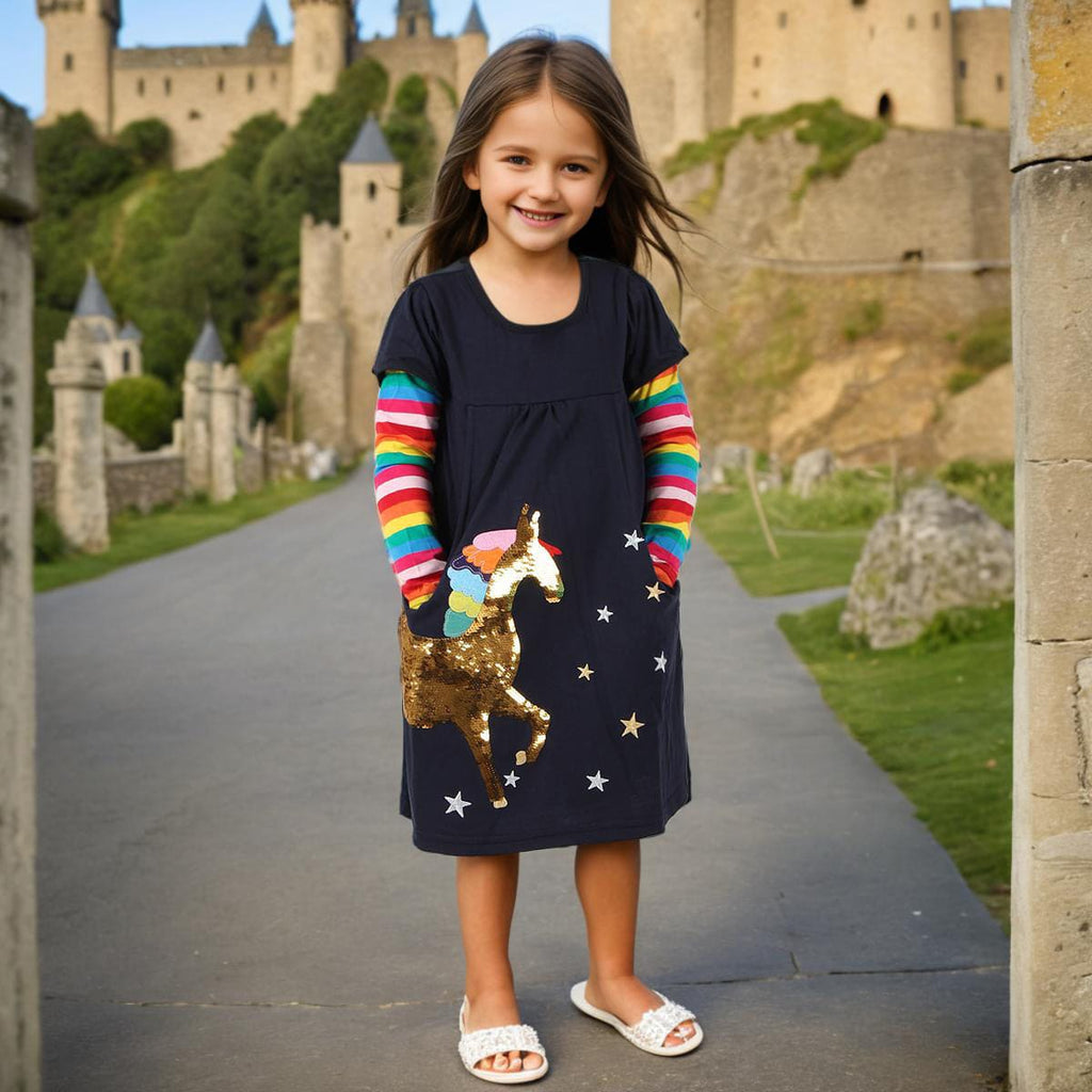 Girls Navy Sequins Unicorn Embroidered Dress Casual Dresses Navy 3-4 Y 