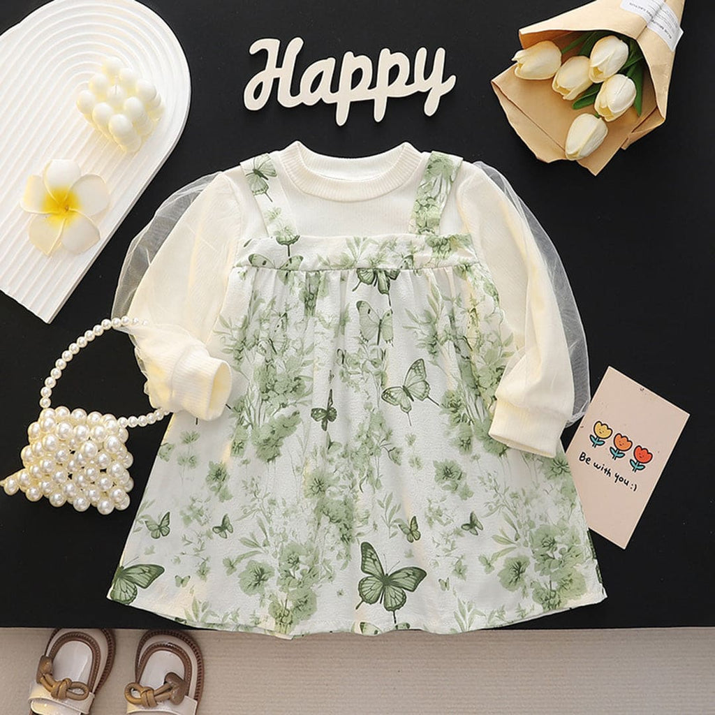 Girls Green Butterfly Print Puff Sleeves Empire Line Casual Dress Casual Dresses Green 1-2 Y 