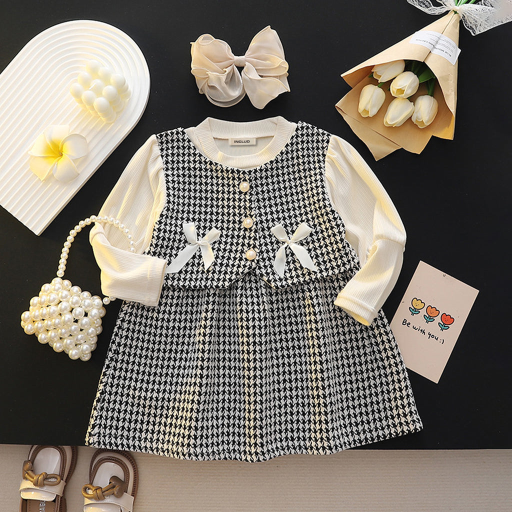 Girls Black Houndstooth Woolen Top with Skirt Set Sets Black 1-2 Y 