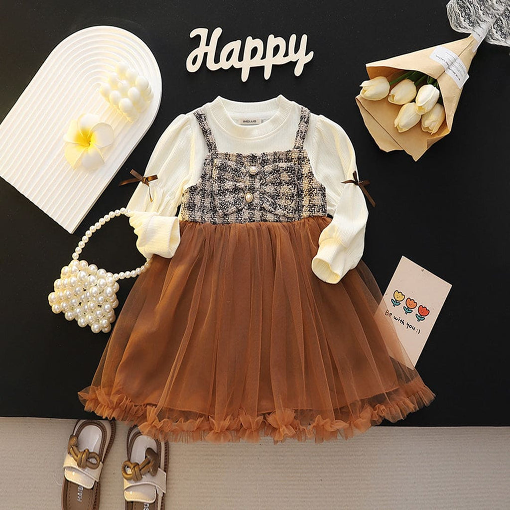 Girls Textured Puff Sleeves Winterwear Dress Casual Dresses Brown 1-2 Y 