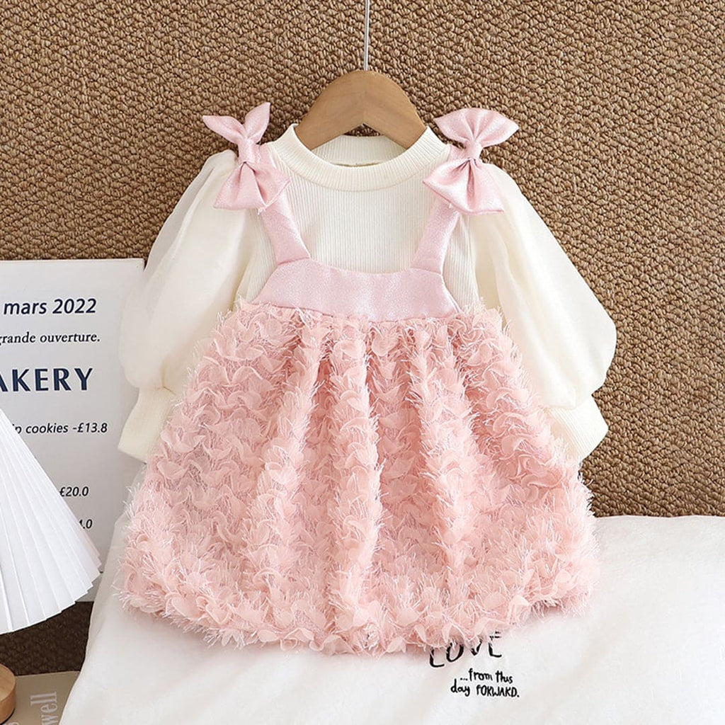 Girls Pink Knitted Puff Sleeves Flower Applique Party Dress Party Dresses Pink 1-2 Y 