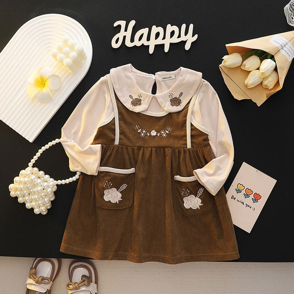 Girls Brown Flower Embroidered Peter Pan Collar Dress Casual Dresses Brown 1-2 Y 