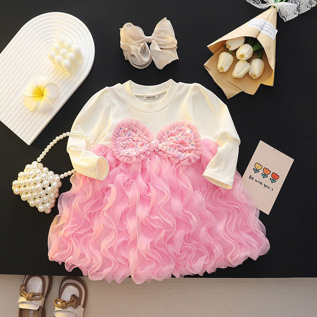 Girls Pink Sequins Bow Full Sleeves Fit & Flare Party Dress Party Dresses Pink 1-2 Y 