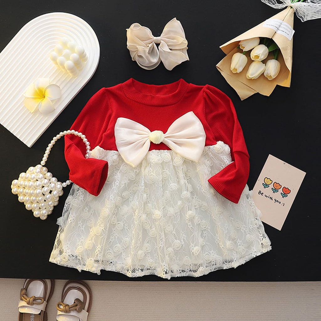 Girls Red Full Sleeves Casual Dress Bow Statement Casual Dresses Red 1-2 Y 