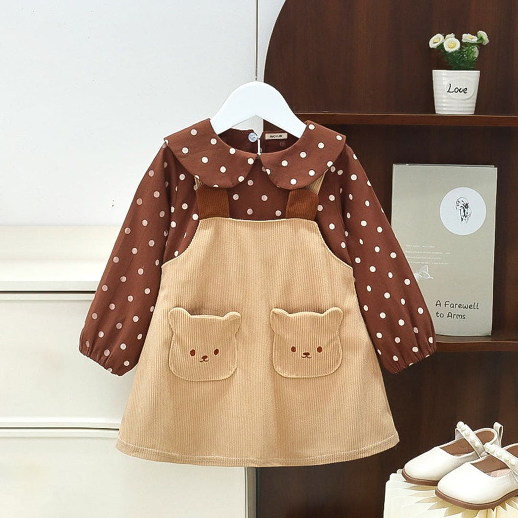 Girls Khaki Polka Dot Print Full Sleeves Pinafore Dress Casual Dresses Khaki 1-2 Y 