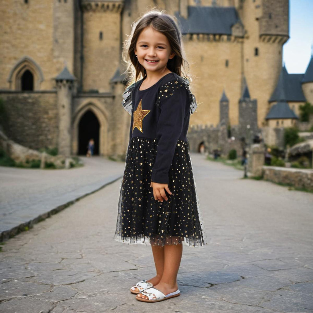 Girls Black Star Sequins And Foil Print Long Sleeve Dress Casual Dresses   
