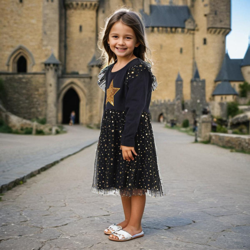 Girls Black Star Sequins And Foil Print Long Sleeve Dress Casual Dresses   