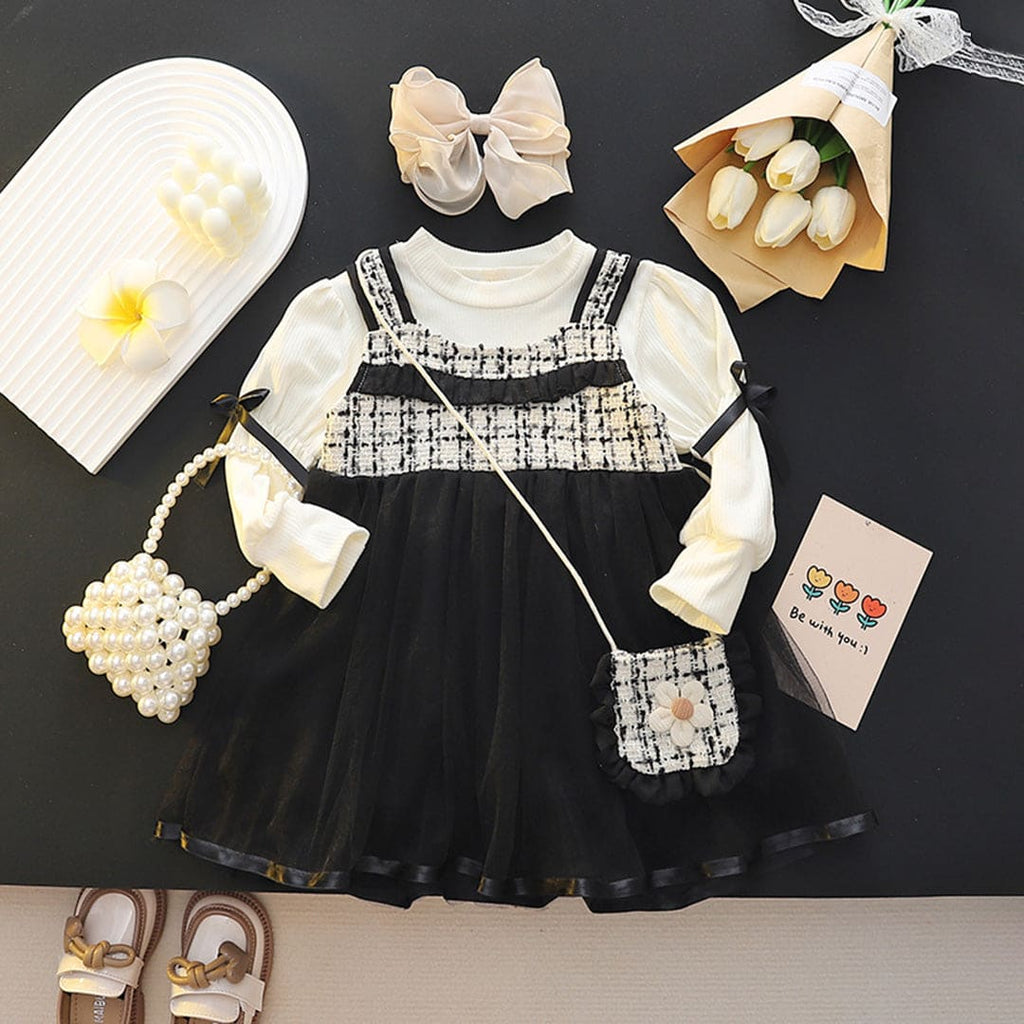 Girls Black Texture Puff Sleeves Fit & Flare Dress Casual Dresses Black 1-2 Y 