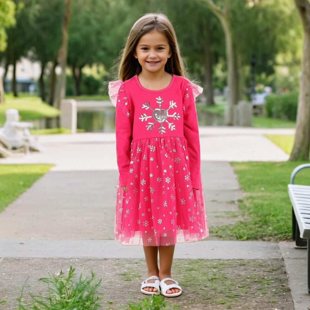 Girls Fuchsia Long Sleeve Sequins Embroidered Fit & Flare Dress Casual Dresses Fuchsia 3-4 Y 